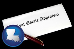 louisiana map icon and real estate appraisal documents and a pen