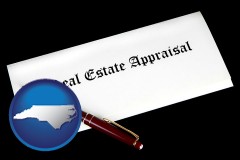 north-carolina map icon and real estate appraisal documents and a pen
