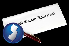 new-jersey map icon and real estate appraisal documents and a pen