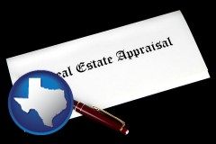 texas map icon and real estate appraisal documents and a pen