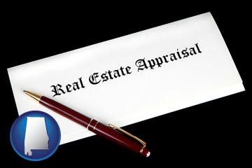 real estate appraisal documents and a pen - with Alabama icon