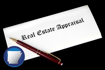 real estate appraisal documents and a pen - with Arkansas icon