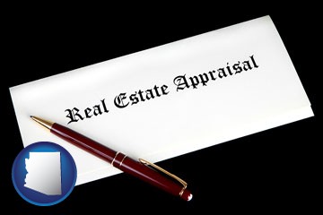 real estate appraisal documents and a pen - with Arizona icon