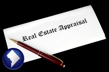real estate appraisal documents and a pen - with Washington, DC icon