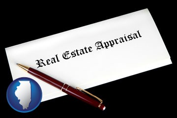 real estate appraisal documents and a pen - with Illinois icon