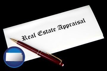 real estate appraisal documents and a pen - with Kansas icon