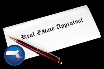real estate appraisal documents and a pen - with Massachusetts icon