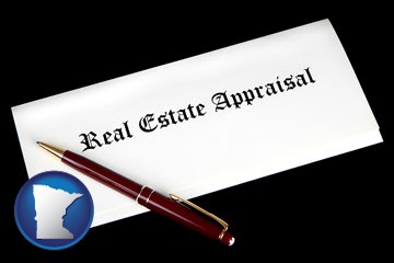 real estate appraisal documents and a pen - with Minnesota icon