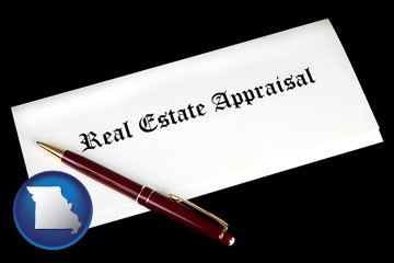 real estate appraisal documents and a pen - with Missouri icon