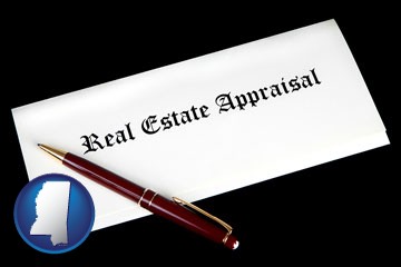 real estate appraisal documents and a pen - with Mississippi icon