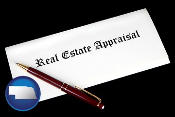 real estate appraisal documents and a pen - with Nebraska icon