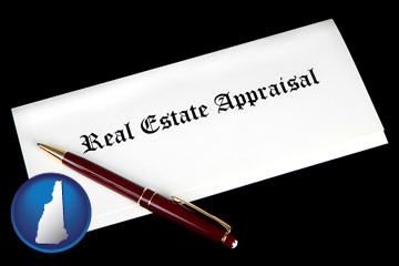 real estate appraisal documents and a pen - with New Hampshire icon