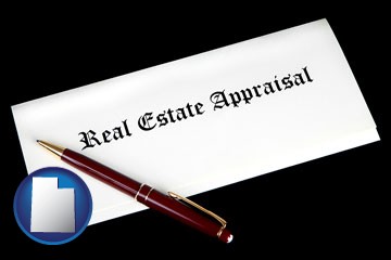 real estate appraisal documents and a pen - with Utah icon
