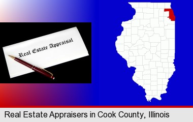 real estate appraisal documents and a pen; Cook County highlighted in red on a map