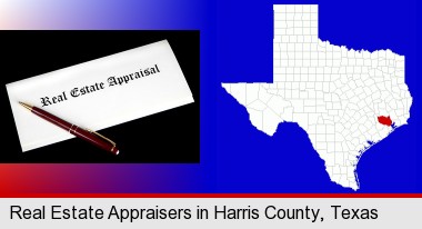 real estate appraisal documents and a pen; Harris County highlighted in red on a map