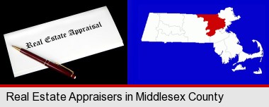 real estate appraisal documents and a pen; Middlesex County highlighted in red on a map