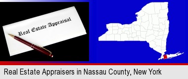 real estate appraisal documents and a pen; Nassau County highlighted in red on a map